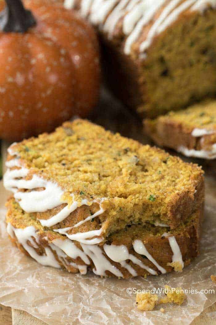 Zucchini Pumpkin Bread slices on board