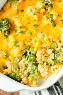 Broccoli rice casserole in a casserole dish