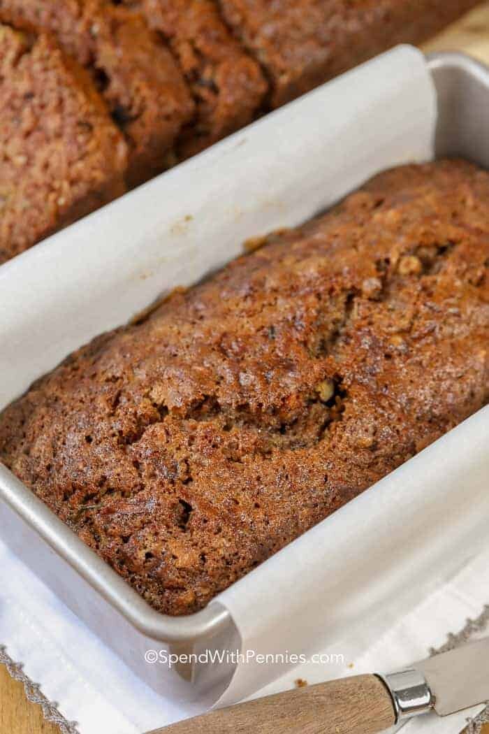 Fresh cooked Zucchini Bread in loaf pan