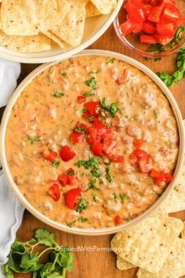 a bowl of Rotel dip topped with tomatoes and cilantro