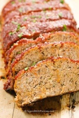 Slices of an easy turkey meatloaf recipe.