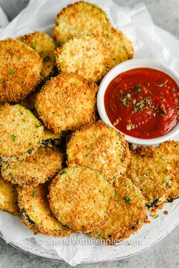 top view of Air Fryer Zucchini Chips with dip