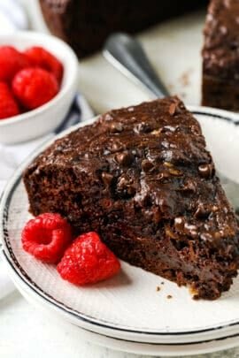 delicious slice of Chocolate Banana Snack Cake on a plate