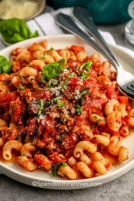 Turkey Spaghetti Sauce on a plate with pasta