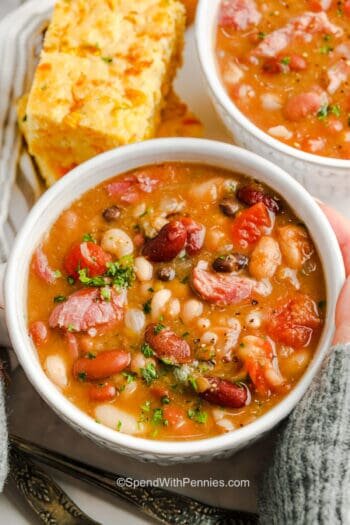 two bowls of 15 bean soup with cornbread