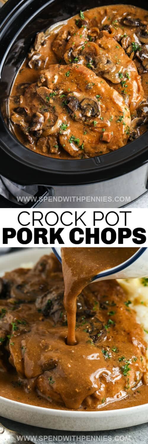 Crock Pot Pork Chops in the pot and plated with writing