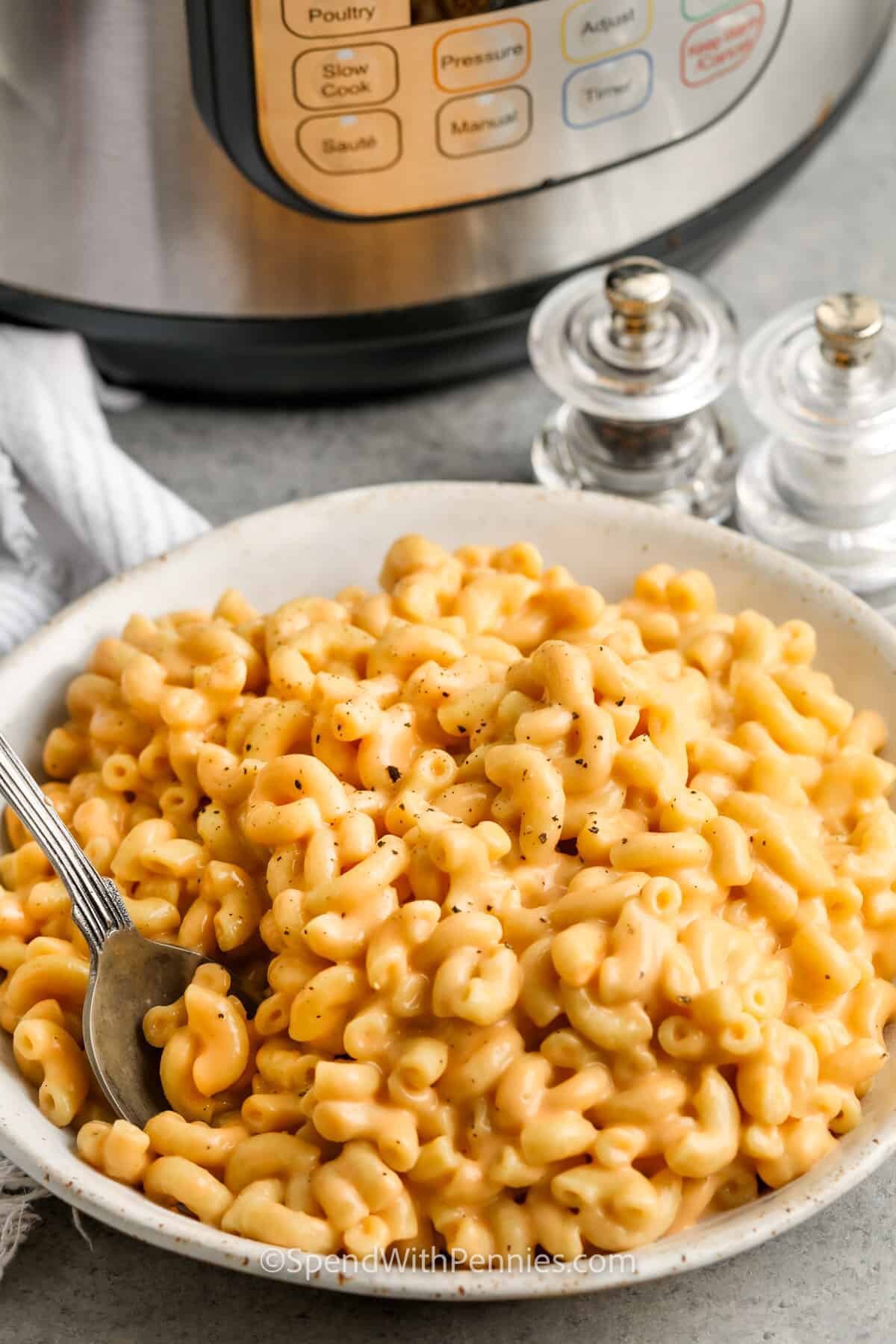 plated Instant Pot Mac and Cheese with a spoon