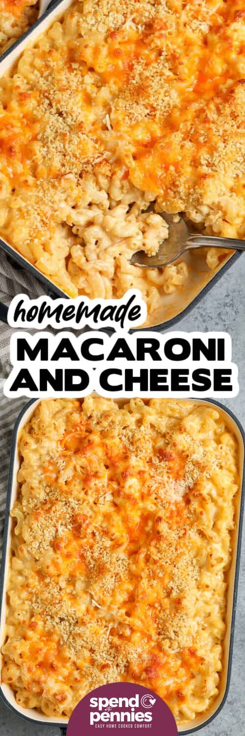 Baked Mac and Cheese in the casserole dish and taking a spoonfull out of the dish with a title