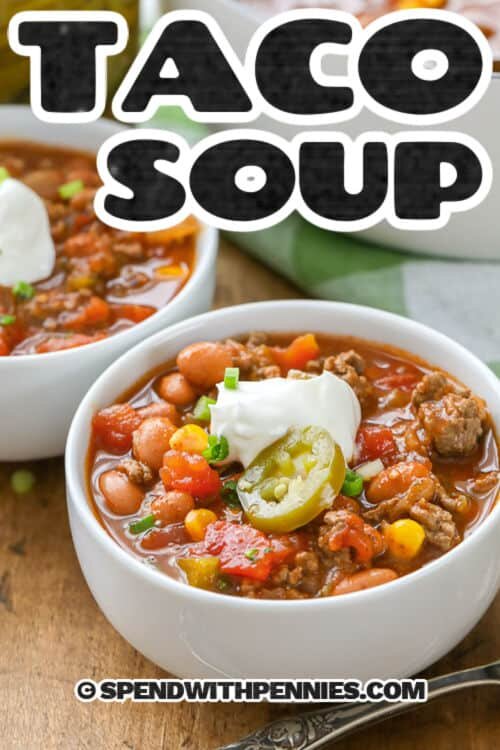 plated Easy Taco Soup Recipe with sour cream and a title