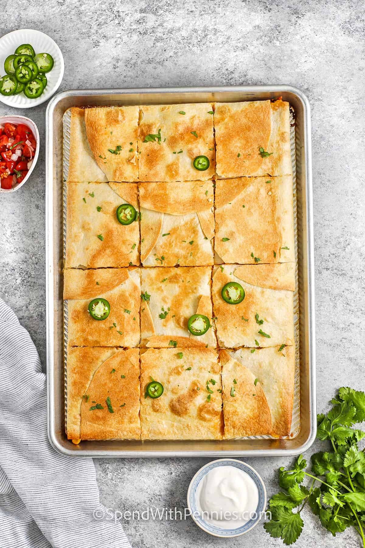 sliced Sheet Pan Quesadillas in the pan