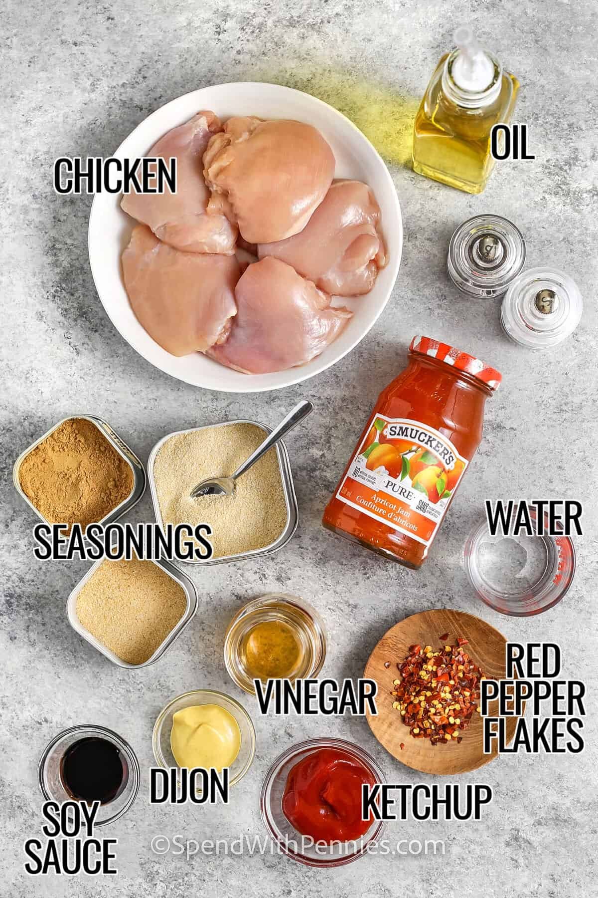 chicken , oil , salt and pepper , apricot jam , seasonings , water , red pepper glakes , vinegar , dijon mustard , soy sauce and ketchup with labels to make Apricot Chicken